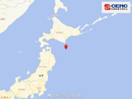 北海道6.1级地震 北纬41.09度，东经143.44度